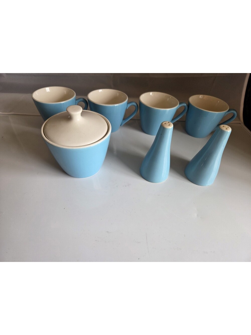 Vintage Atomic Blue 7pcs Sugar + Shakers + COFFEE CUPS Aqua Teal Blue MCM SC2